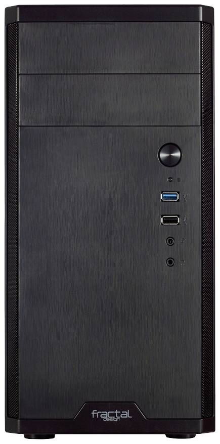Ein schwarzes Computergehäuse in minimalistischem Design mit zwei USB-Anschlüssen und einem Einschaltknopf an der Vorderseite.