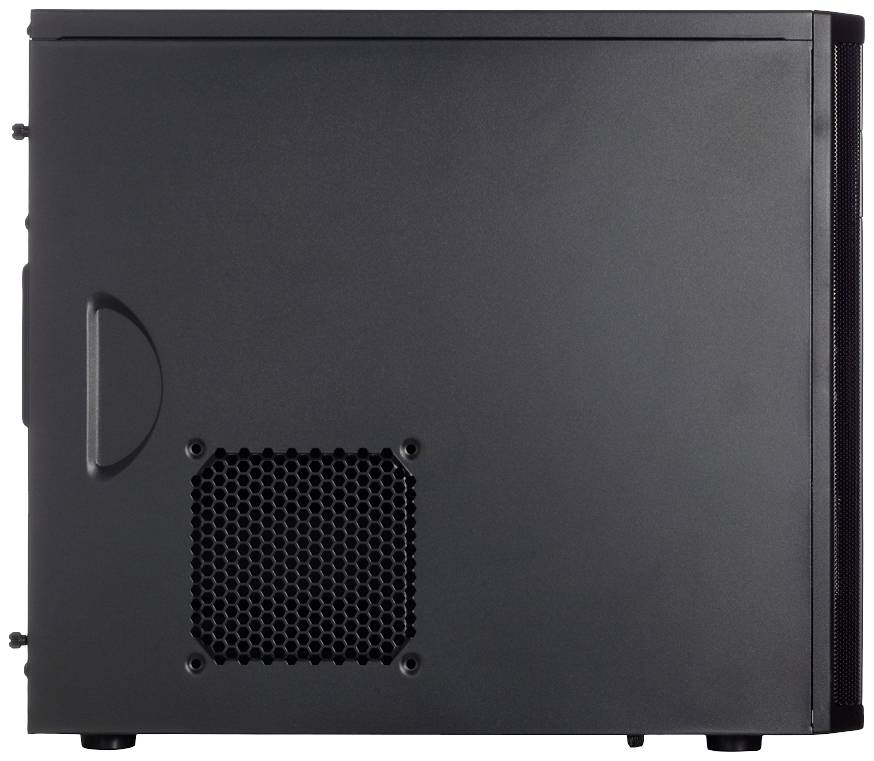 Schwarzes PC-Gehäuse in Seitenansicht, zeigt Lüftungsgitter und Griff.