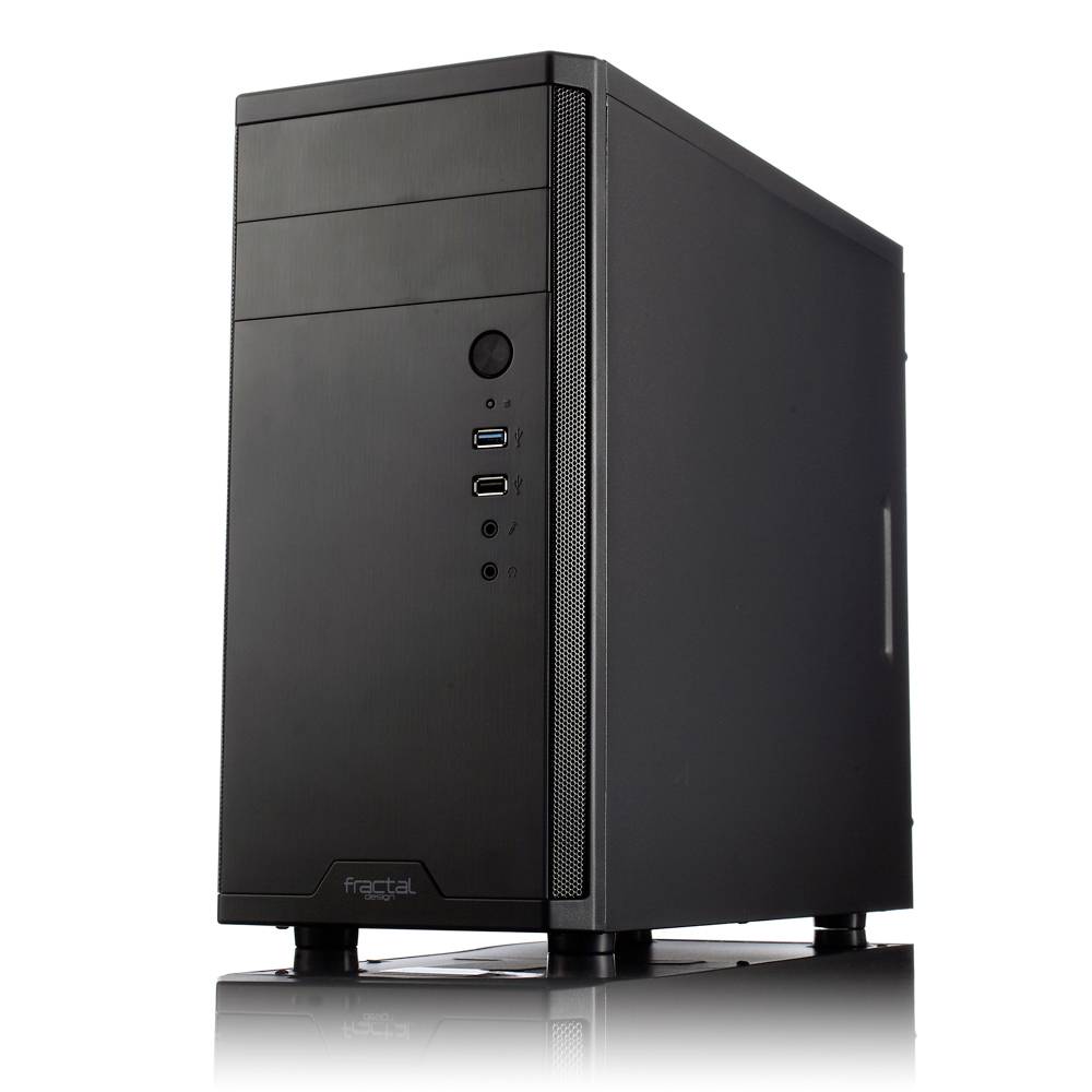 Ein schwarzes Computergehäuse im Tower-Design mit USB-Anschlüssen und einem sichtbaren Netzschalter an der Vorderseite.