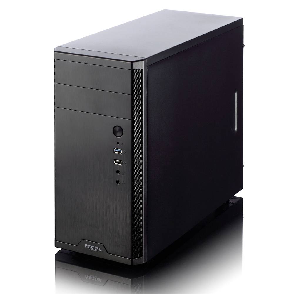 Schwarzes Computergehäuse mit vertikalen Lüftungsschlitzen und Anschlüssen an der Vorderseite, geeignet für Büro- oder Heimcomputer.