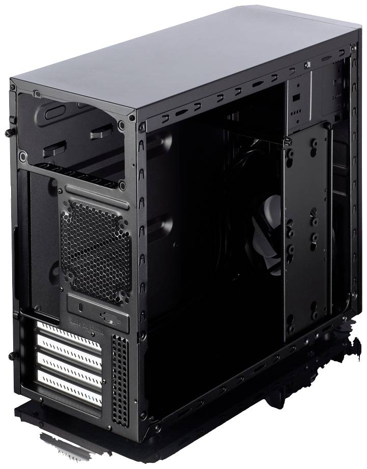 Ein schwarzes Computergehäuse, offen, ohne Komponenten. Sichtbar sind die Lüftungsschlitze und Steckplätze für Erweiterungskarten.