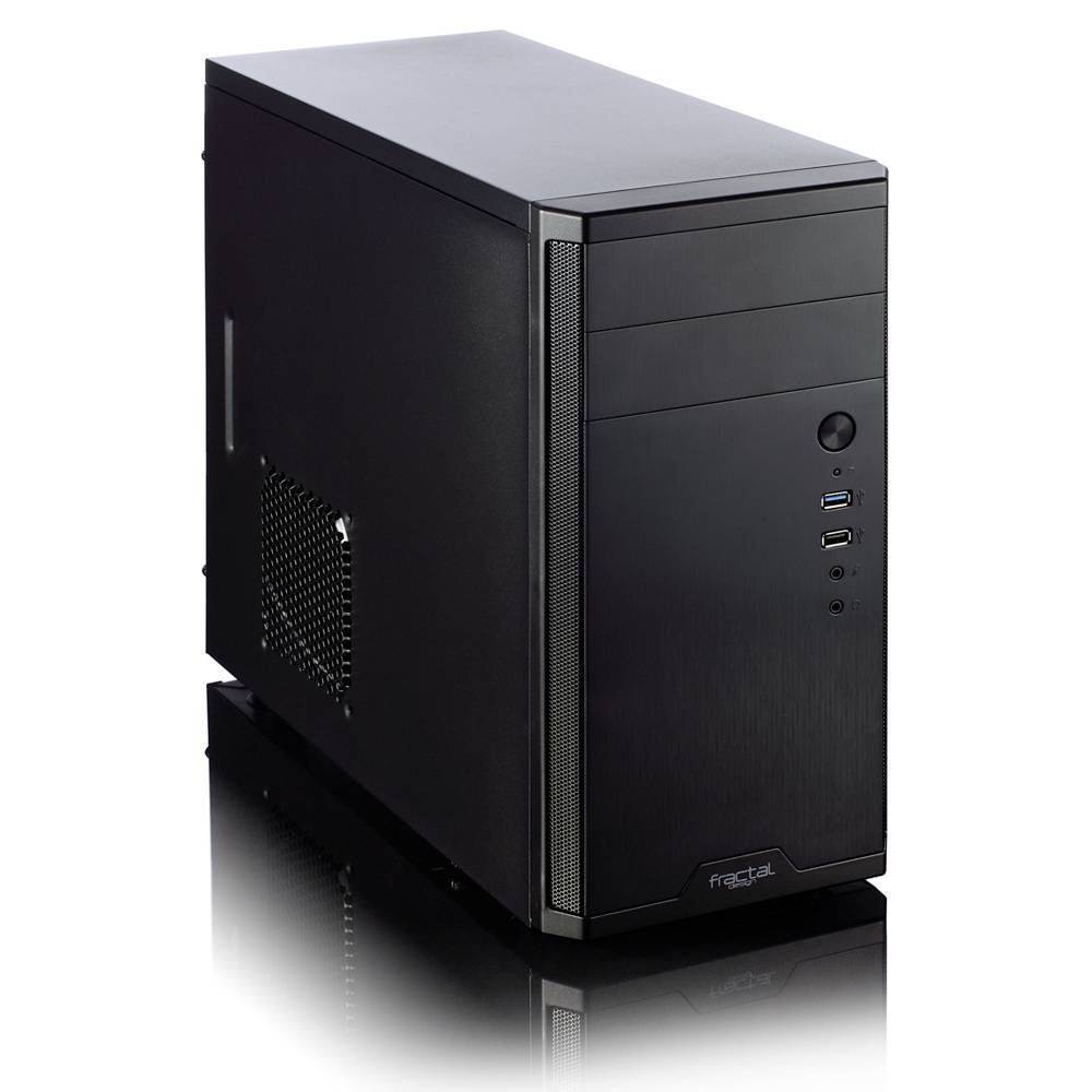 Ein schwarzes Computergehäuse mit seitlichem Lüftungsgitter, mehreren Frontanschlüssen und einem dezenten, modernen Design.