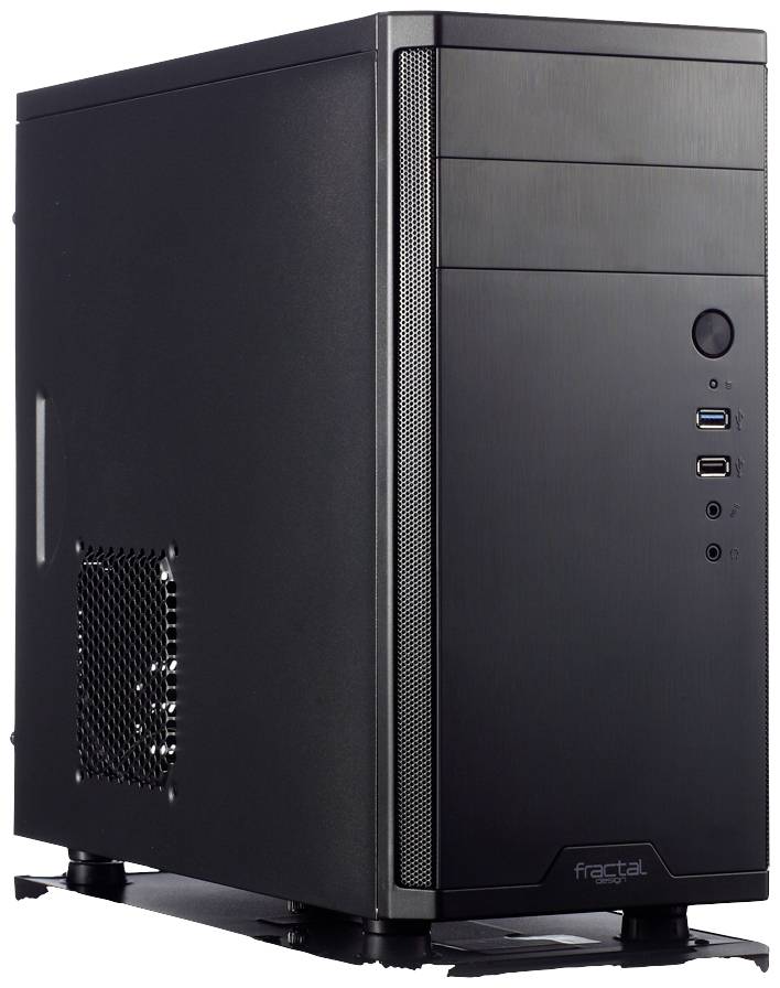 Schwarzes Computergehäuse mit mehreren USB-Anschlüssen und Lüftungsgitter, stehende Position; geeignet für Desktop-PCs.
