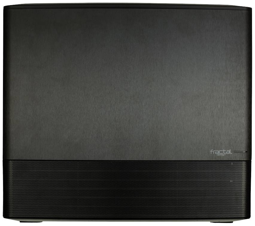 Schwarzes, modernes Computergehäuse mit minimalistischen Design. Oberer Teil glatt, unterer Teil mit Belüftungsgitter.