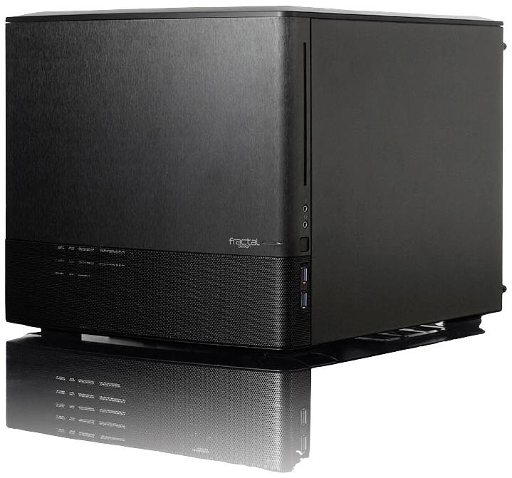 Ein schwarzes, kompaktes Computergehäuse mit USB-Anschlüssen und diskretem Design. Geeignet für einen kleinformatigen PC-Bau.