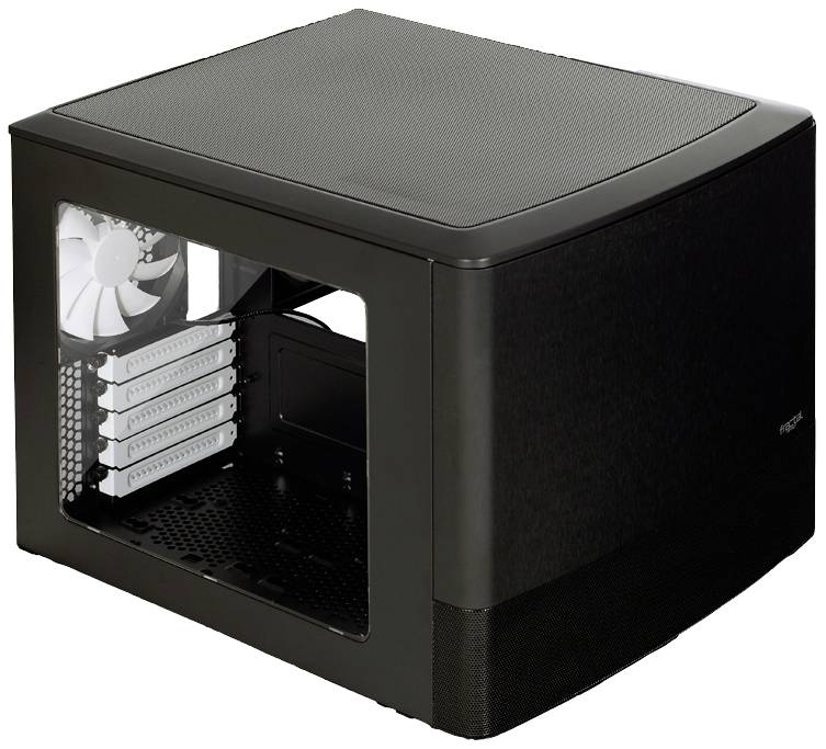 Schwarzes, würfelförmiges Computergehäuse mit transparentem Seitenteil und einem sichtbaren Lüfter.