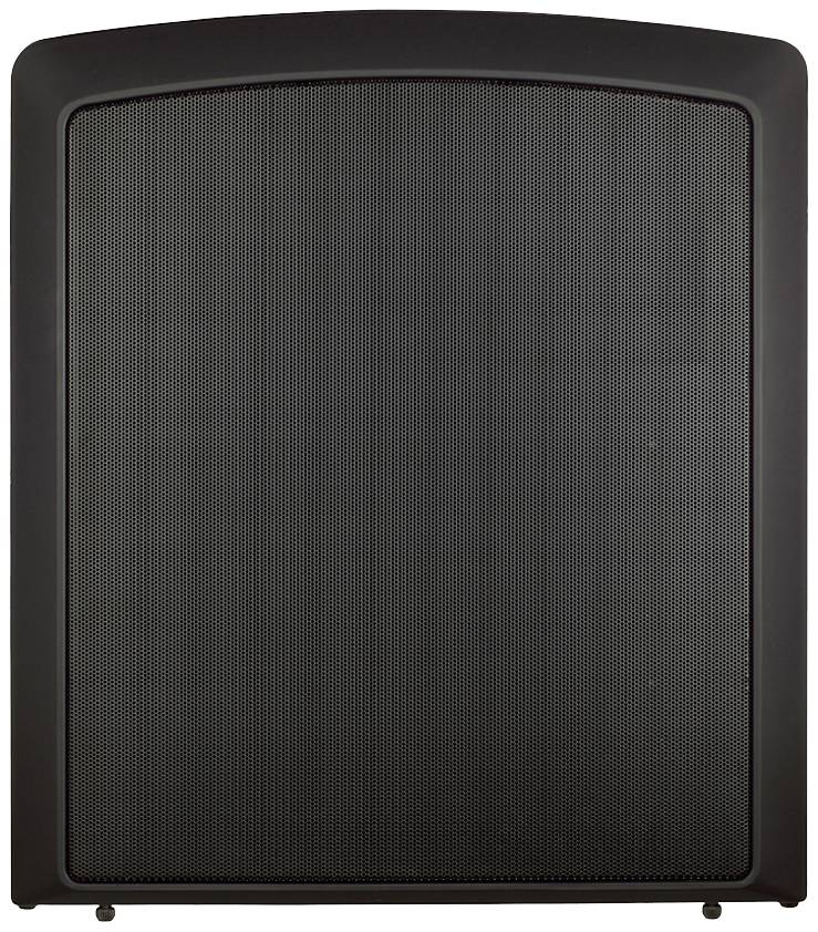 Schwarzer Lautsprecher mit gebogenem Gitter, geeignet für Audioverstärkung in Musikerumgebungen.