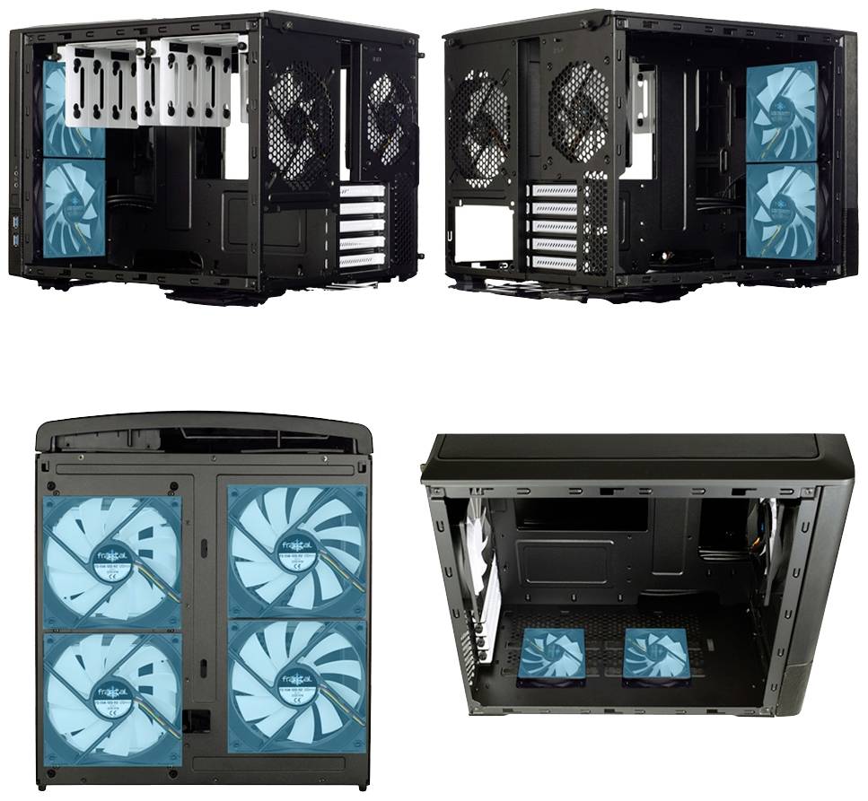 Ein schwarzes PC-Gehäuse mit mehreren blauen Lüftern, für Kühlung ausgelegt. Es zeigt offene Ansichten von Vorder-, Rück- und Innenseiten.