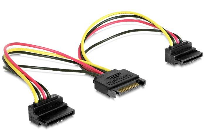 Ein SATA-Netzteilkabel mit einem Adapter, der sich in zwei separate Anschlüsse verzweigt. Geeignet zum Verbinden von Festplatten.