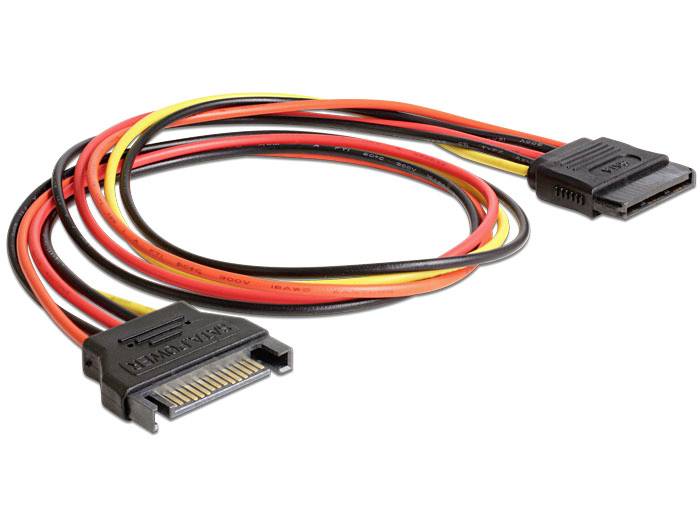 Ein SATA-Strom- und Datenkabel, das zur Verbindung von Festplatten mit einem Computer-Mainboard verwendet wird.