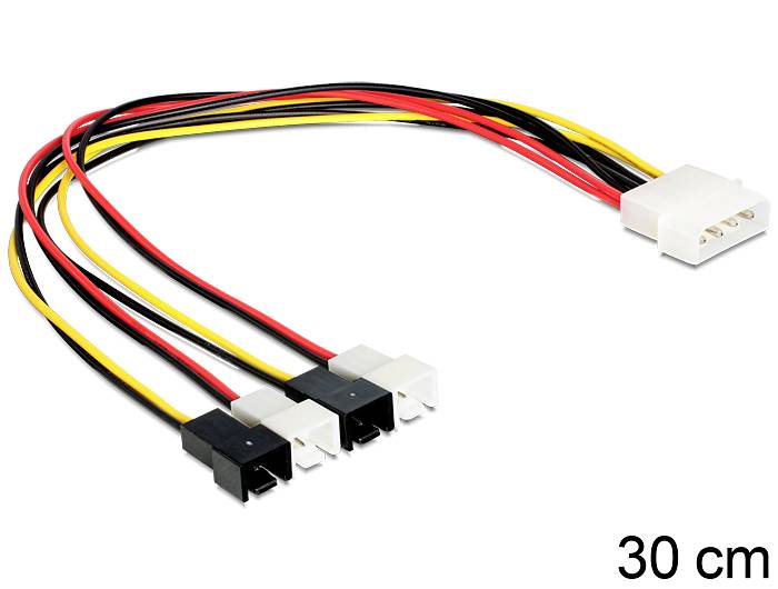 Adapterkabel: Ein Stecker mit vier Adern in gelb, schwarz und rot ist mit drei Buchsen verbunden. Länge: 30 cm.