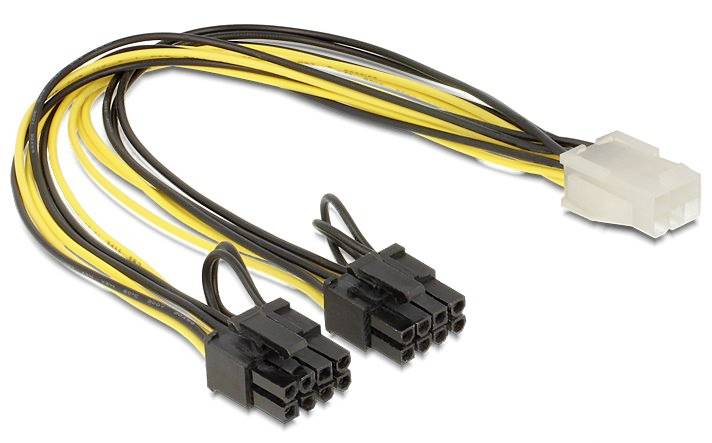 PCIe Stromkabel Adapter mit zwei 6-poligen Steckern und einem 8-poligen Stecker. Gelbe und schwarze Kabel verbinden die Stecker.