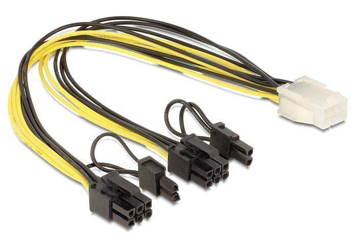 Ein Kabel mit einem weißen Stecker an einem Ende und mehreren schwarzen Anschlüssen am anderen Ende, geeignet für Computer-Hardware-Verbindungen.