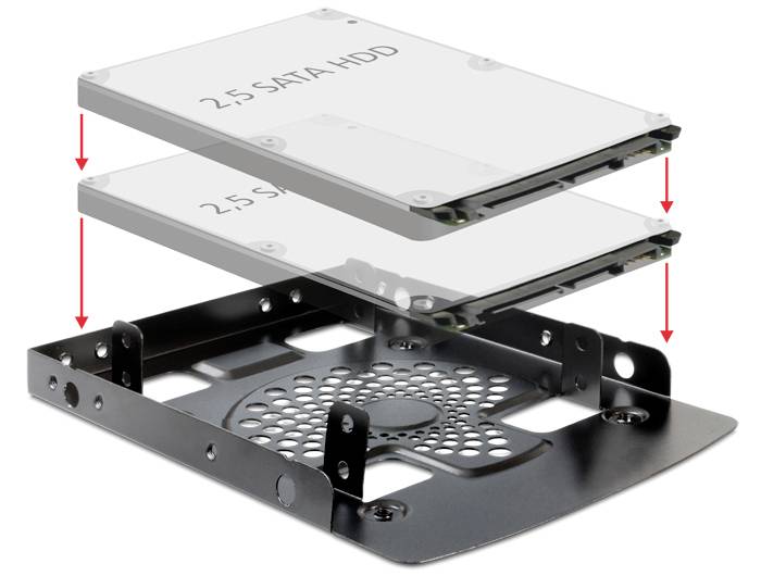 'Zwei 2,5-Zoll-SATA-Festplatten' werden in einen Adapterrahmen eingesetzt. Pfeile zeigen die Richtung der Installation nach unten an.