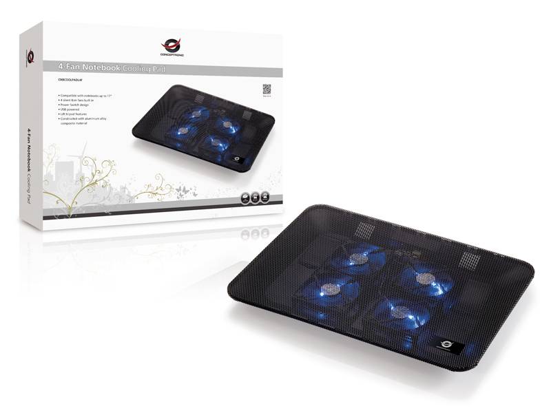 Conceptronic Kühlende Notebook-Unterlage mit 4 Lüftern Notebook-Ständer mit Kühlfunktion