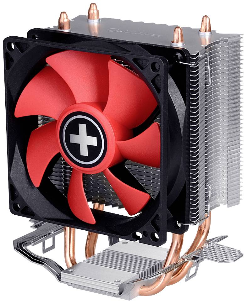 Ein CPU-Kühler mit rotem Ventilator und silbernen Kühlrippen, gestaltet für die Wärmeableitung in einem Computergehäuse.