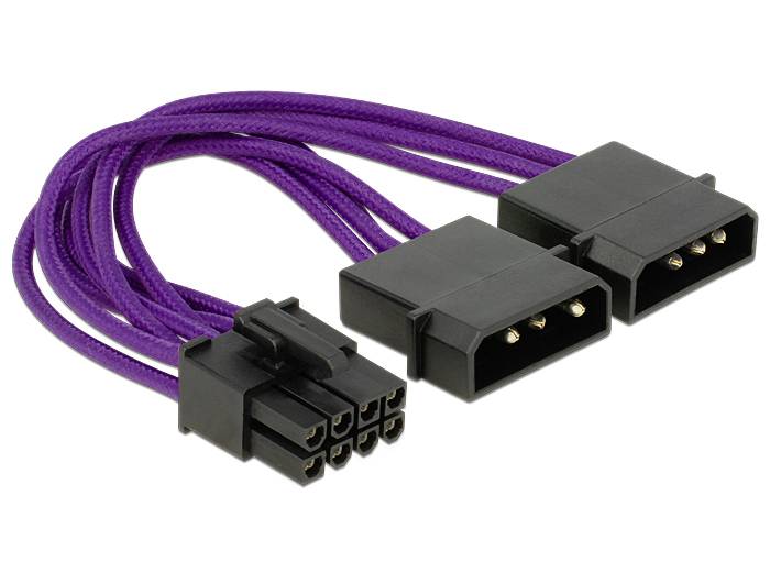 Lila gesleevtes Netzkabel mit zwei schwarzen Steckern. Dient zur Stromversorgung von Computerkomponenten.