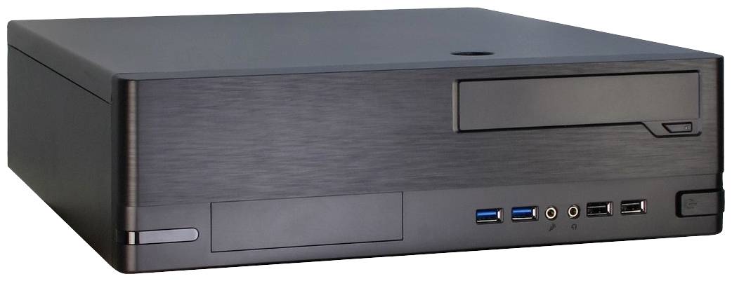 Ein schwarzes Desktop-Gehäuse mit einem optischen Laufwerksschacht, mehreren USB-Ports und Lüftungsschlitzen auf der Vorderseite.