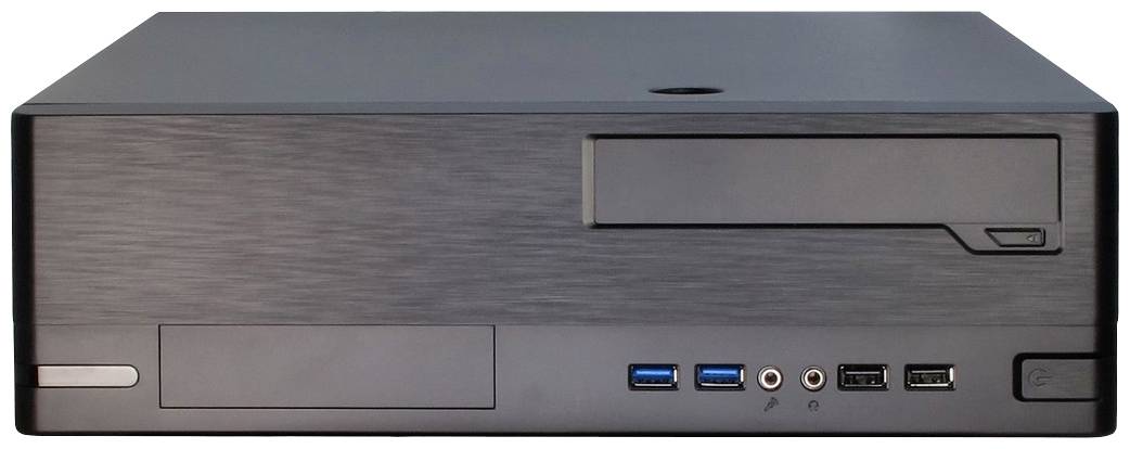 Ein schwarzer Desktop-PC-Gehäuse mit USB-Anschlüssen und Audiobuchsen auf der Vorderseite.