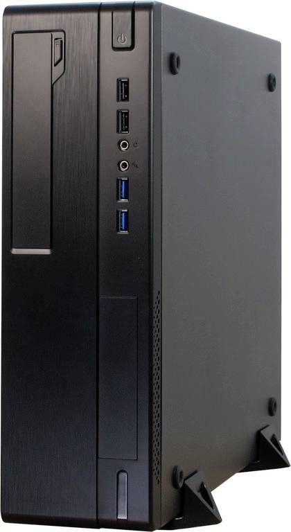 Ein schwarzer Computer-Tower mit mehreren USB-Anschlüssen und einem optischen Laufwerk an der Vorderseite.