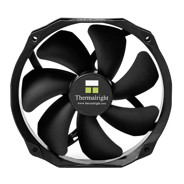 Ein schwarzer Computerlüfter von Thermalright mit neun Flügeln; dient zur Kühlung von Computerkomponenten.