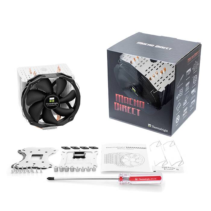 Luftkühler-Set mit Lüfter, Kühlrippen, Schraubendreher und Montagezubehör. Verpackung zeigt Modellname 'Macho Direct'.