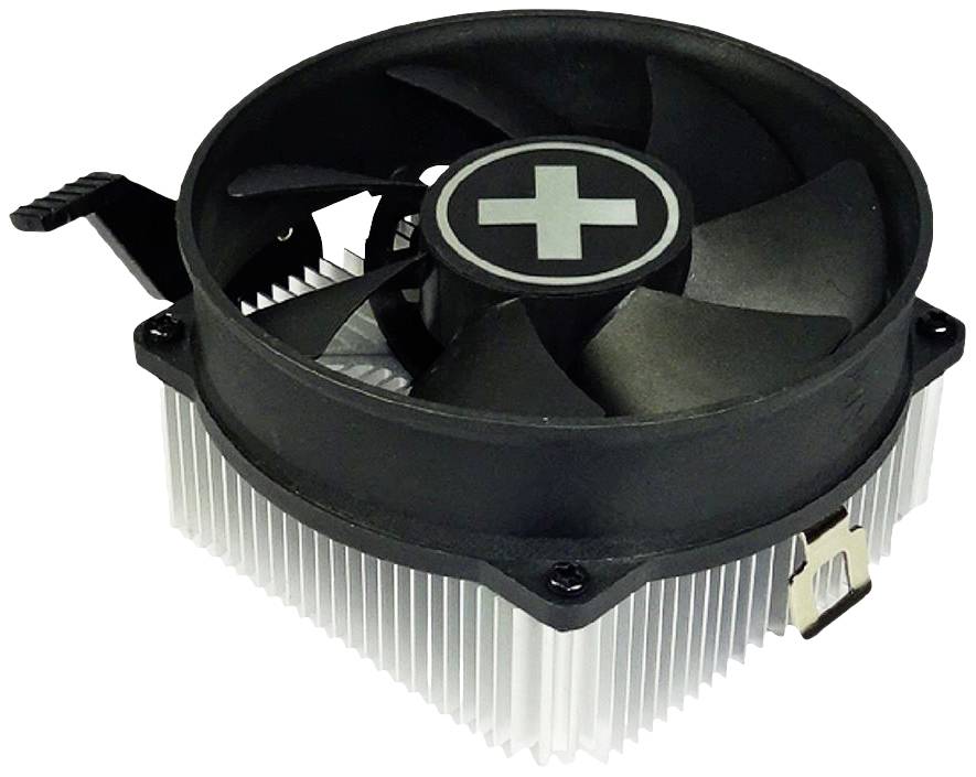 Schwarzer CPU-Kühler mit Lüfter auf einem Aluminium-Kühlkörper. Er dient der Wärmeableitung in Computergehäusen.