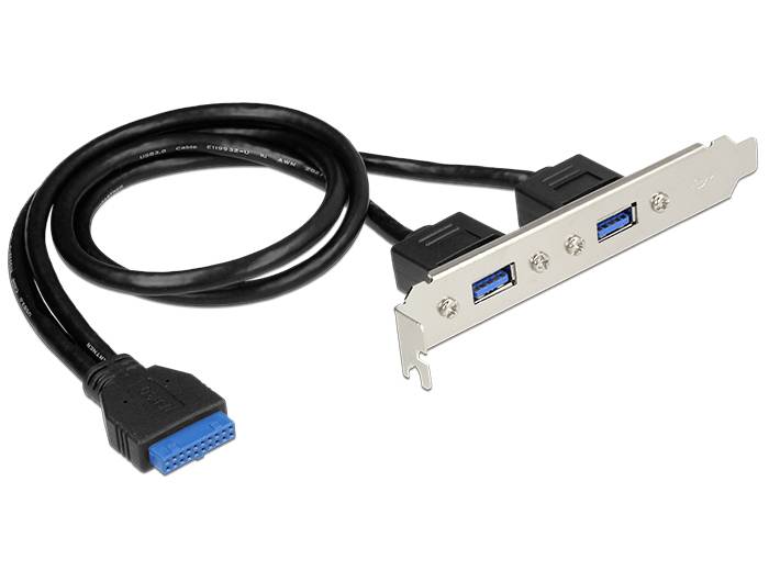 Doppelter USB-3.0-Adapter mit Kabel: Zwei USB-Anschlüsse auf der Blende, verbunden mit einem blauen Stecker auf der anderen Seite.
