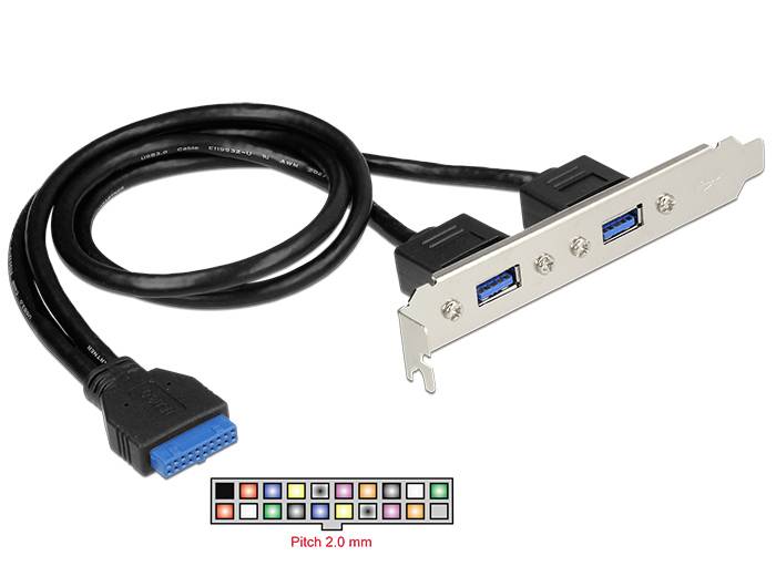 Ein USB-3.0-Port-Erweiterungskabel mit zwei blauen USB-Anschlüssen und einem internen Stecker für den Anschluss an ein Mainboard.
