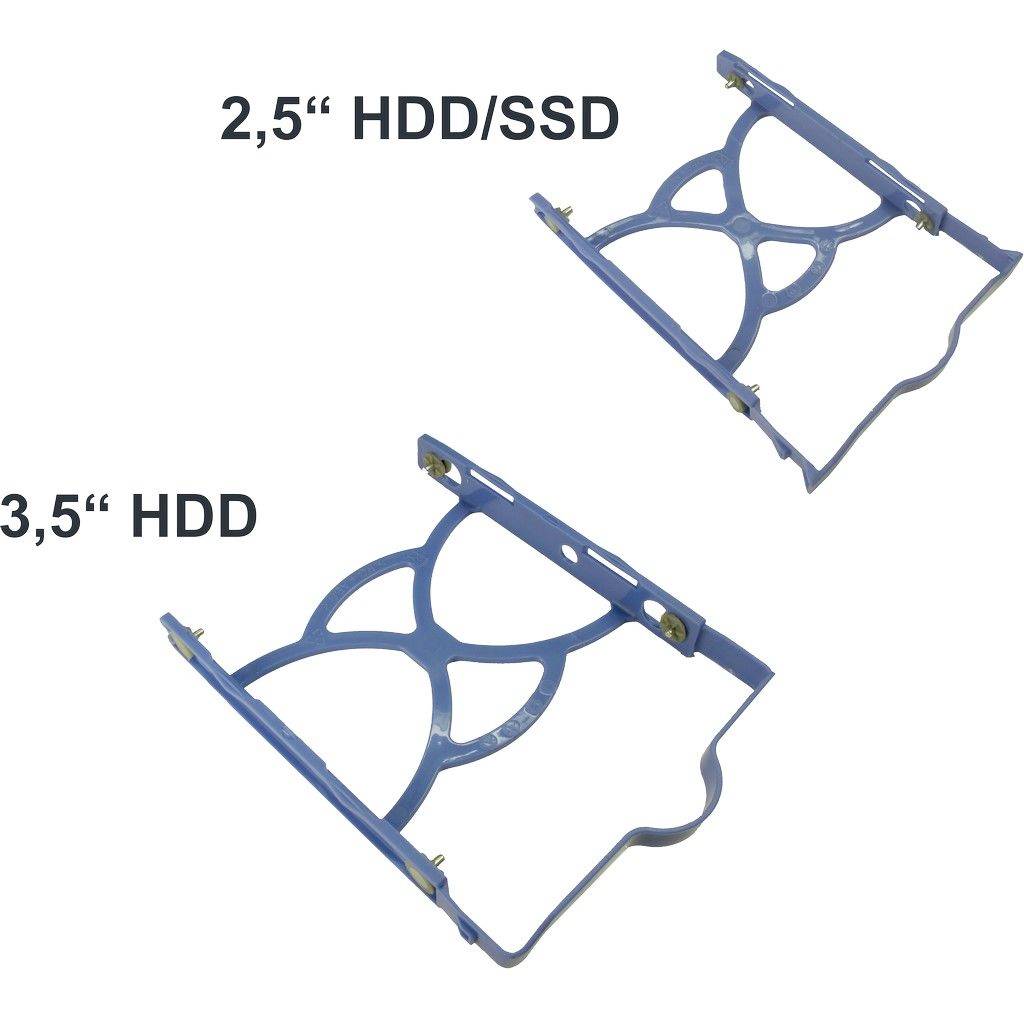 Zwei blaue Festplattenrahmen: Oben ein Rahmen für 2,5