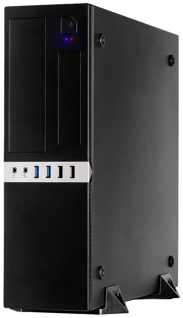 Ein schwarzer Desktop-Computer-Gehäuse mit mehreren USB-Anschlüssen an der Vorderseite.