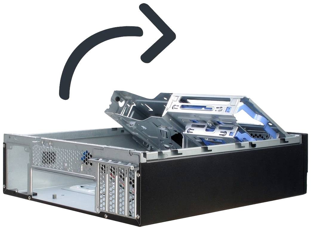Offener Computergehäuse-Rahmen mit herausziehbarem Festplattenkäfig, Pfeil weist auf Positionierungsmechanismus hin.