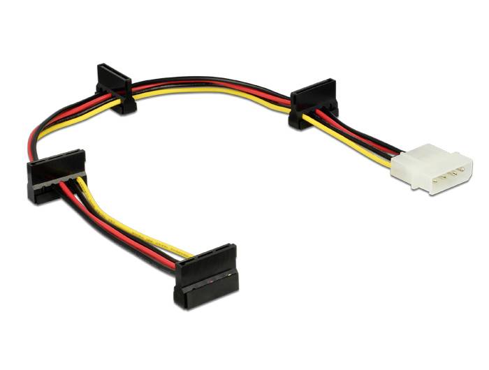 Stromadapterkabel mit drei SATA-Steckern und einem weißen Molex-Stecker; dient zur Stromverteilung an mehrere Geräte.