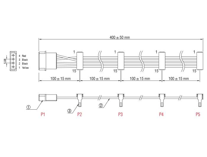 Verkabelungsdiagramm für LED-Verbindung: zeigt fünf LED-Einheiten (P1 bis P5) mit Kabelverbindungen und Abständen von 15 mm.