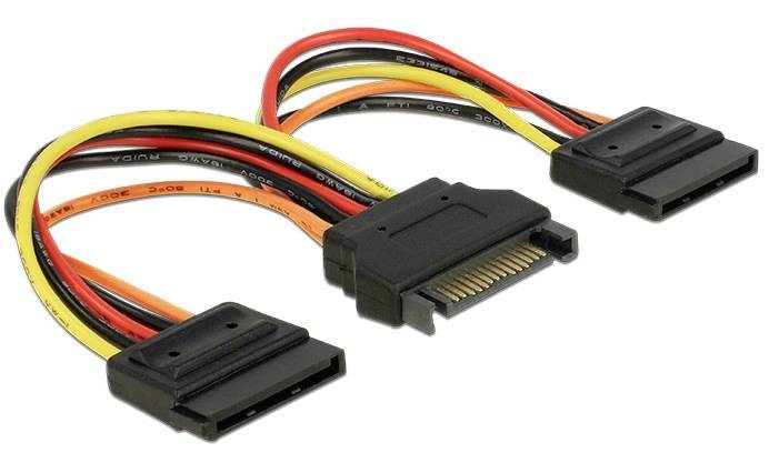 SATA-Stromadapterkabel mit zwei Anschlüssen zur Versorgung von Festplatten, zeigt farbige Leitungen und schwarze Steckverbinder.
