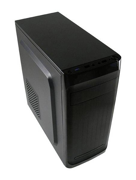 Schwarzes Computergehäuse mit Lüftungsschlitzen an der Seite, mehreren Anschlüssen und Schaltern auf der Oberseite.