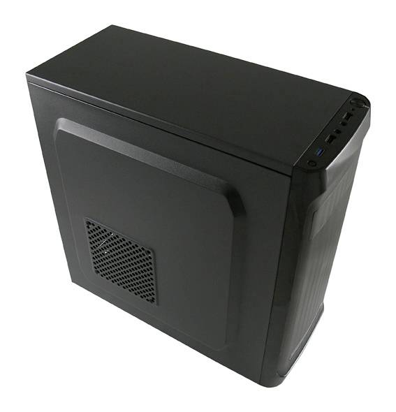Ein schwarzes Computergehäuse steht aufrecht. Es verfügt über Lüftungsschlitze an der Seite und Anschlüsse an der oberen Frontblende.