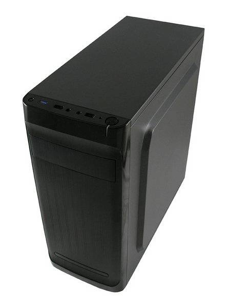 Ein schwarzes Computergehäuse in Tower-Form mit mehreren USB-Anschlüssen und einem Power-Knopf an der Vorderseite.