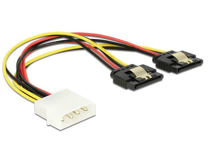 Stromadapterkabel mit einem weißen Molex-Stecker auf der einen Seite und zwei schwarzen SATA-Steckern auf der anderen Seite.