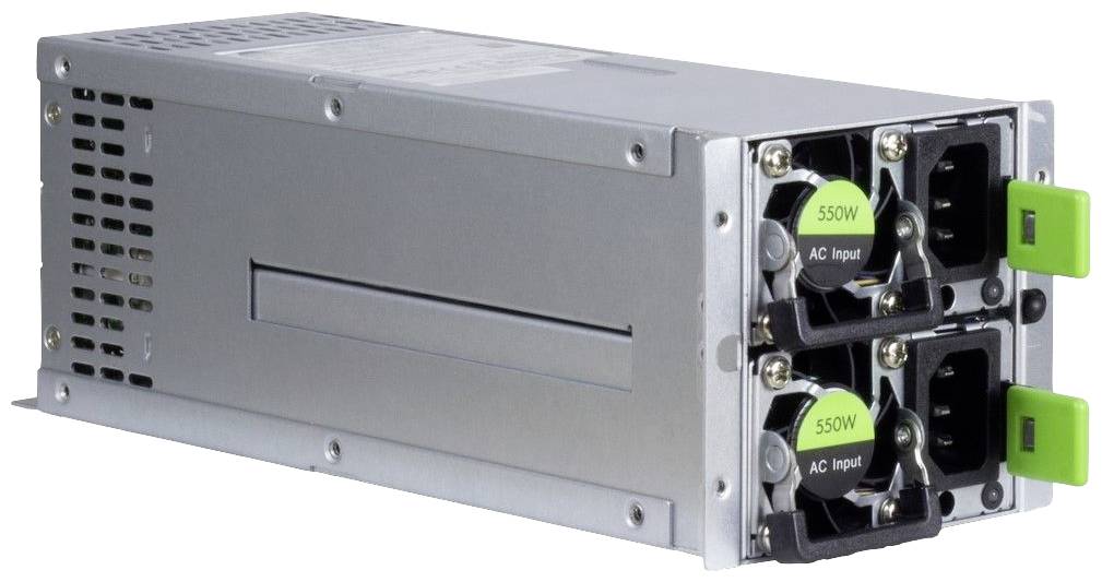 Ein 550-Watt-Netzteil für Server, bestehend aus zwei modularen Einheiten mit Lüftern und grünen Griffen zur einfachen Entnahme.