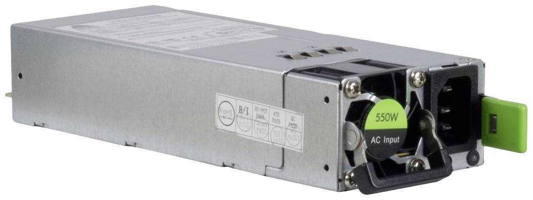 Ein silberfarbenes 550W-Netzteil mit Lüfter und grünen Akzenten, verwendet für Serverhardware; zeigt Eingangs- und Leistungsspezifikationen.