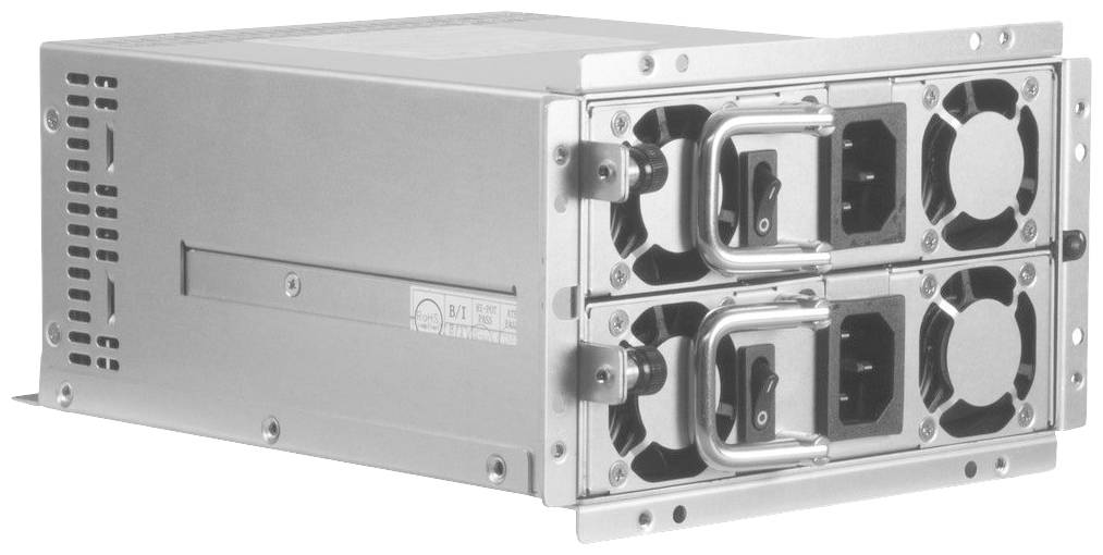 Ein silbernes elektrisches Gerät mit Lüftern und Stromanschlüssen an der Vorderseite, möglicherweise ein Server-Netzteil.
