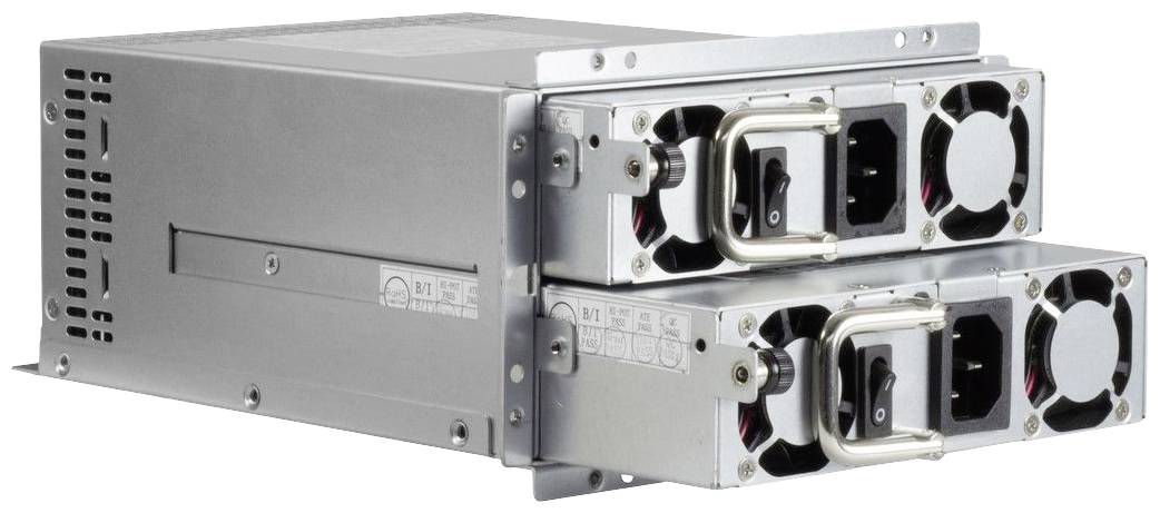 Zwei gestapelte Netzteile mit Lüftern und Metallgehäusen, geeignet für Server oder IT-Ausrüstung, zur Stromversorgung und Kühlung.