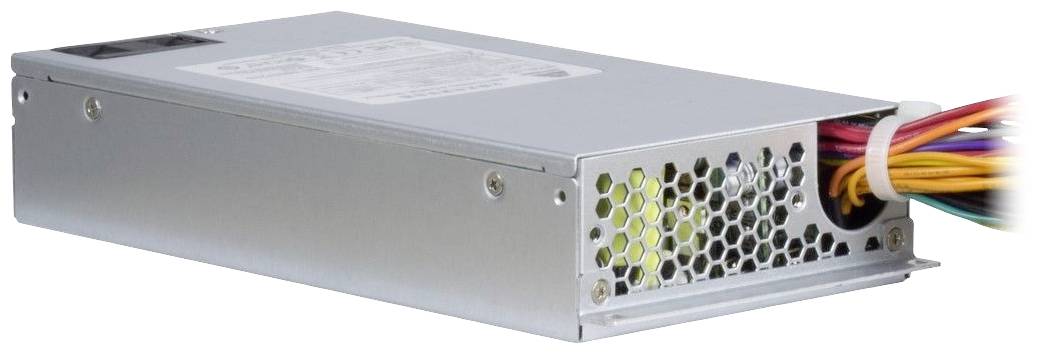 Ein rechteckiges Computernetzteil in einem silbernen Metallgehäuse mit Belüftungslöchern und bunten Kabeln am Ende.