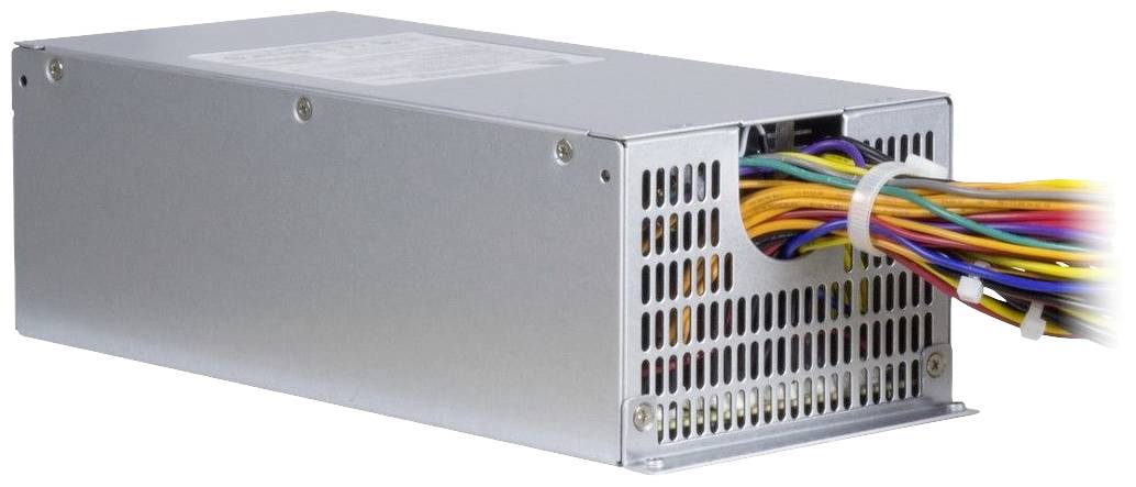 Ein silbernes Computernetzteil mit mehreren bunt ummantelten Kabeln, die aus einer Öffnung auf der rechten Seite herauskommen.