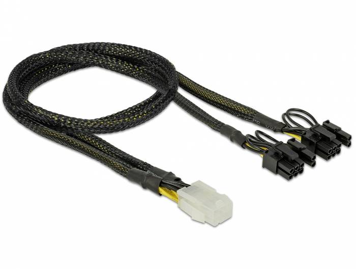 Ein Netzkabel mit einem weißen Stecker auf einer Seite und zwei schwarzen 8-Pin-Steckern auf der anderen, geeignet für PC-Komponenten.