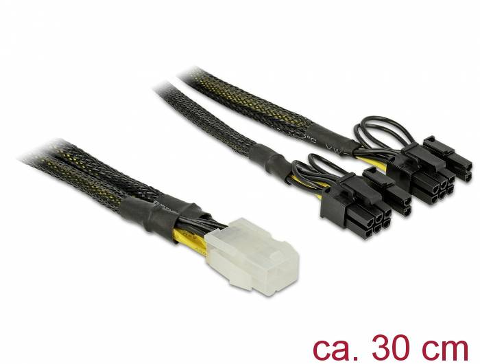 PC-Netzteiladapterkabel mit einem weißen 4-poligen Stecker und zwei schwarzen 8-poligen Steckern, Länge ca. 30 cm.