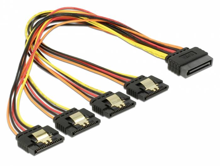 SATA-Stromkabel mit Adapter, ermöglicht den Anschluss von vier Geräten an einen SATA-Stromanschluss zur Stromversorgung.