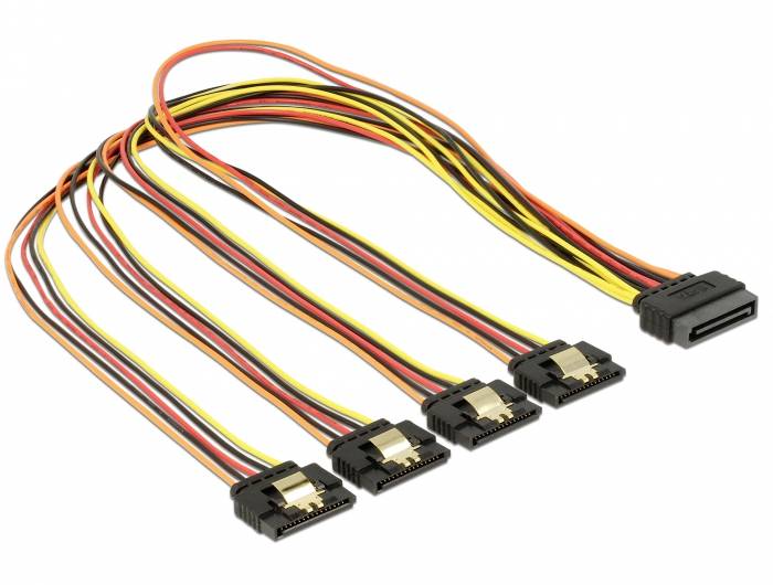 SATA-Stromadapterkabel mit fünf Anschlüssen; verbindet ein Netzteil mit mehreren SATA-Geräten, um Strom zu verteilen.