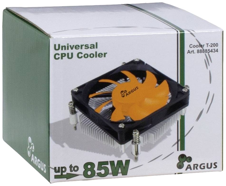 Eine Verpackung mit der Aufschrift 'Universal CPU Cooler up to 85W'. Darauf abgebildet ist ein CPU-Kühler mit einem orangefarbenen Lüfter.